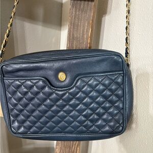 Ganson Elegant Navy Quilted Shoulder/ crossbody bag with gold weaved strap